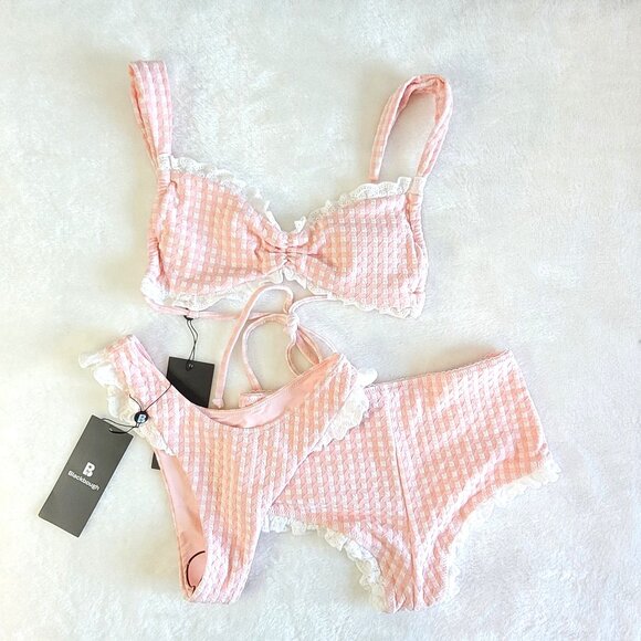 Blackbough Other - Blackbough 3 Pc Set -  Pink Check Print Ruffled Bikini Top with Matching Bottoms